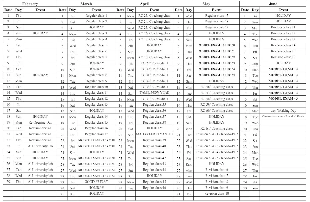 Second year Schedule